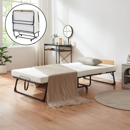 [en.casa] Klappbett 90x200 cm Erwachsene Lustendi mit Matratze Gästebett klappbar mit Kopfteil Metallbett mit Rollen Schwarz/Eicheoptik