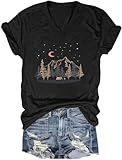 Womens Hiking Mountain V-Neck T Shirt Camping Graphic Tee Summer Outdoor Athletic Short Sleeve Hiking Workout Tops(E-Black1,M)