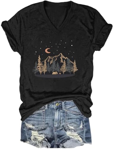 Womens Hiking Mountain V-Neck T Shirt Camping Graphic Tee Summer Outdoor Athletic Short Sleeve Hiking Workout Tops(E-Black1,L)