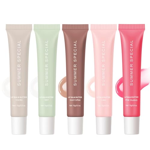 5 PCS Summer Special Lip Butter Hydration Lip Gloss with Shea Butter & Olive Oil Soothes Dry Lips and Lip Care Lip Balm with Natural Tint & Gloss Effect Lip Stain Vanilla/Mint/Iced Coffee/Cake/Guava