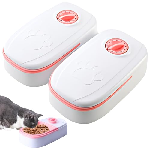 Mellbo 自動給餌器 犬 猫 エサやり器 ペット トレイ取り外し可能 48時間タイマー 電池タイプ 2連 ピンク