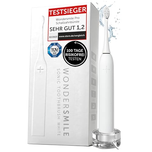 WonderSmile Schallzahnbürste Pro - Testsieger 2026* - Elektrische Zahnbürste IPX8, 4 Programme - TÜV SÜD-geprüft - mit Ladestation & 60 Tage Power Batterie mit Smart-Bürstenkopf (All White)