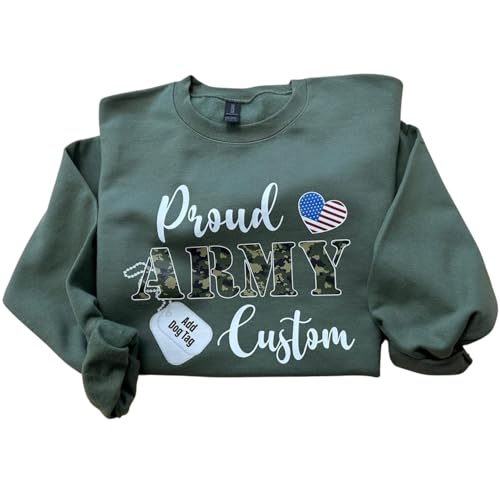 Custom Military Army Sweatshirt Hoodie, Proud Army Family, Marine, Navy, Air Force Apparel with Dog Tag Name, Personalized Gifts for Mom, Dad, Sister, Unisex Adult, Pack of 12