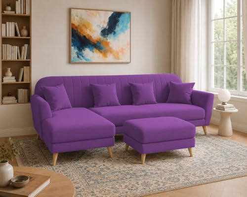 Image of Atticus LHS 6 Seater L Shape Sofa Set with Ottoman Living Room (Purple Colour Fabric) Premium Fabric Sofa Set for Living Room