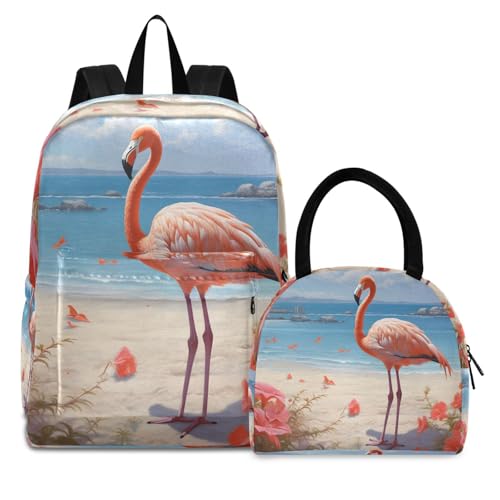 Backpack Lunch Bag Set Beach Flamingo Print, Big Storage Travel Backpacks with Insulated Lunch Box for Office Hiking Picnic