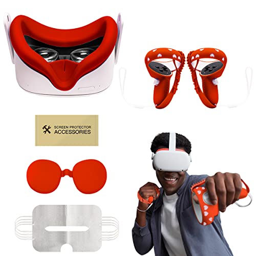 Fanluoqi Oculus Quest 2 Cover ,Oculus Cover,Oculus Quest 2 controll Grip Cover,Oculus Quest 2 face Cover,Eyes Cover,silincone Cover Set(orange-red)