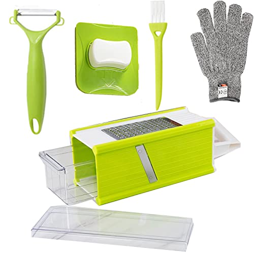 GutView 4 Stück Mandoline Gemüseschneider, Kartoffelreibe,Zwiebelschneider, Gemüseschneider Manuell,Sparschäler für Gurken, Karotten, Schnittfeste Handschuhe Cover