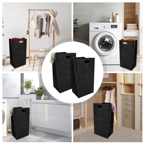 APACALI 2 Stück Wäschekorb Schmal, 60L Faltbar Wäschesammler Schmal, Wäschekorb Schwarz Schmaler Wäschekorb, Filz Wäschesammler, Schwarz Verdicktes Waschbehälter für Schlafzimmer, Badezimmer