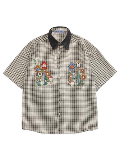 Aelfric Eden Shirts Plaid Embroidery Short Sleeve Shirt Casual Graphic T-Shirts Men Button Down Tee Tops Oufits