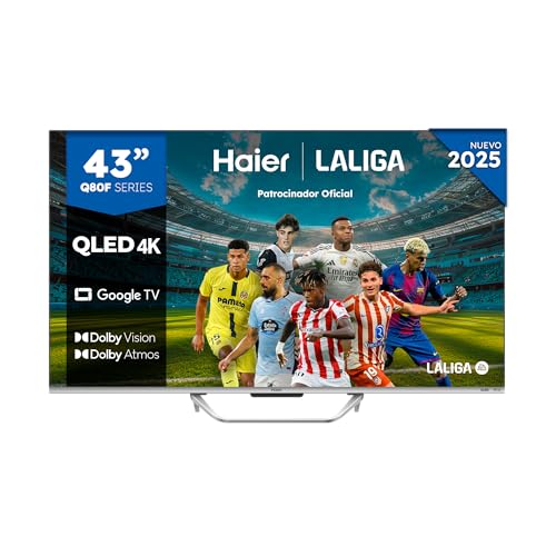 Haier QLED 4K UHD H43Q80FUX - 43, Smart TV, Google TV, Dolby Atmos y Dolby Vision, HDR 10+, Smart Remote Control, Google Assistant, Bluetooth 5.1, DBX TV, HDMI 2.1 x 4, Sin Marcos, 2025