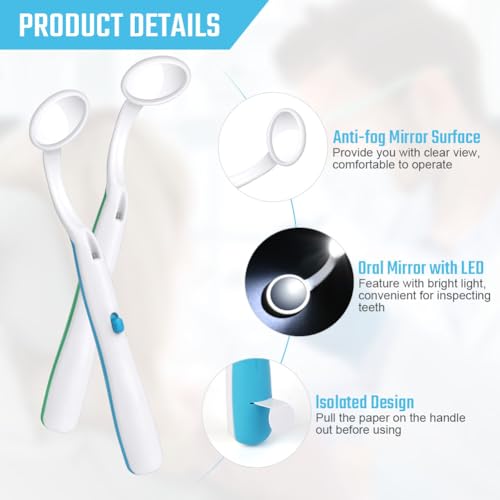 ACWOO Mundspiegel mit LED-Licht, 2 Stück Oral Dental Mirror Dentalspiegel, Zahnarztspiegel mit Anti-Fog-Beschichtung, Mund Zahn Inspektion Spiegel, Zahnpflegespiegel für Zahnpflege (Blau+Grün)