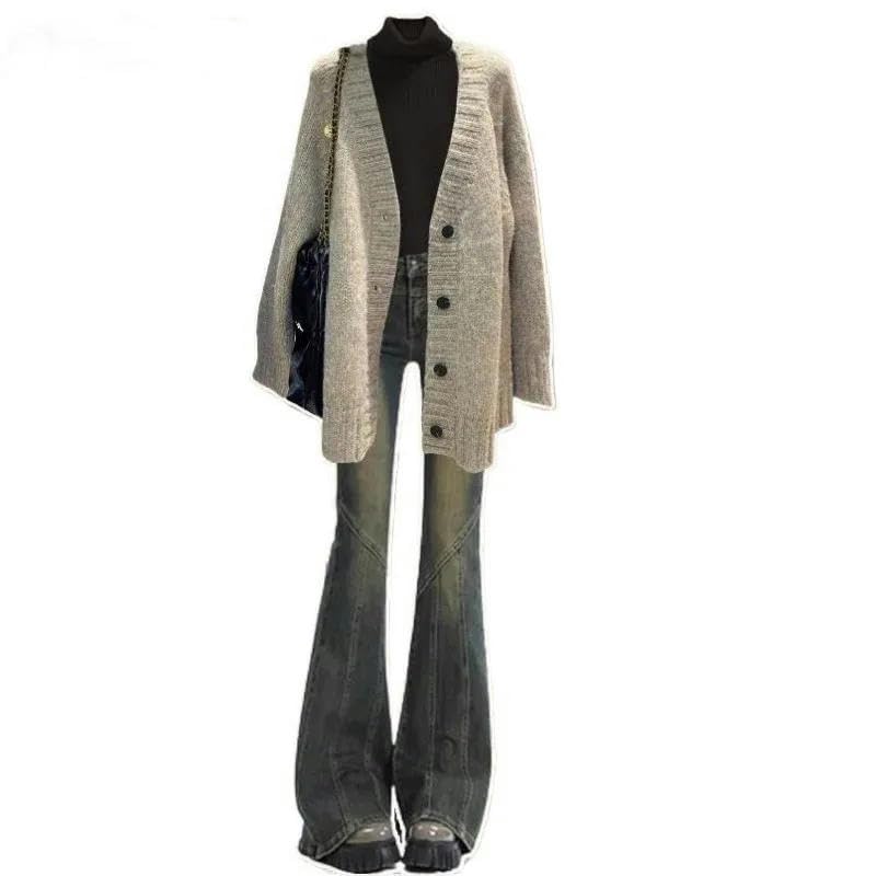 Inverno Delle Donne Coreano Coreano Elegante Maglia Cardigan Cappotto+Collo Alto Maglione+Jeans Tre Pezzi Femminile Suit