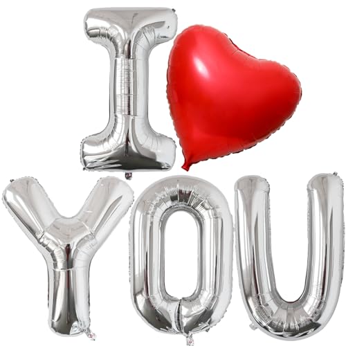 32 Inch Silver I Love You Balloons, 32 Inch Red Heart Foil Balloon for Wedding, Proposal, Anniversary, Special Night Party Decoration