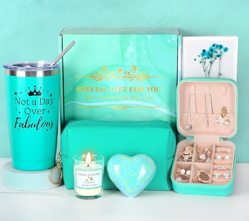 GEEKEO Presentes originais aniversário para mulher pack presente mulher com caneca térmica vela perfumada e joalharia de viagem, presentes para amiga mãe esposa, presente de Natal dia dos namorados
