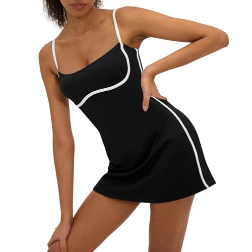 AMTOSS Womens Tennis Dress with Built in Shorts Sleeveless Square Neck Mini Sundress Athletic Golf Workout Summer Outfits Black