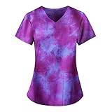 GoGreen Sprouter Women's Scrub_Tops Tie-dye Print Short Sleeve V-Neck Work Tops Purple