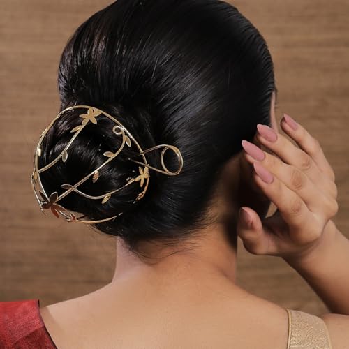 Image of Hair Bun Cage Accessory for Women | Handcrafted Brass Juda Cover with Stick | Anti-Tarnish Traditional Hair Accessory for Wedding & Festive (Flower Cage Hair Bun (Golden))