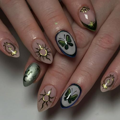 Image of Butterfly Press on Nails Glitter Fake Nails with Gold Design Sun Glue on Nail Shiny Glossy Full Cover Short Almond Stick on Nail Press ons for Women Girls Manicure 24Pcs