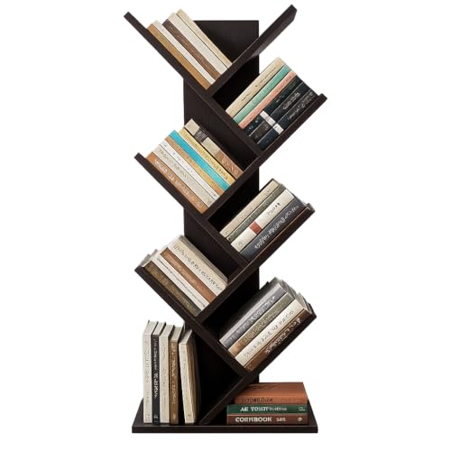 Image of Decazone Tree Bookshelf | Modern Floor Standing Wooden Book Shelf for Living Room | Engineered Wood Bookcase & Display Rack | Space Saving Corner Storage Shelf | Dark Wenge Finish