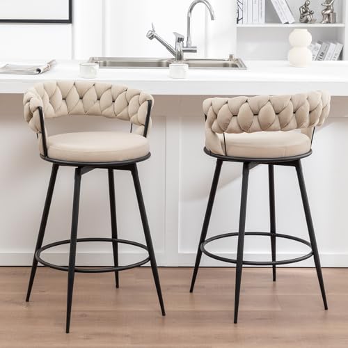 Image of Swivel Bar Stools Set of 2, Modern Barstools with Woven Back, Velvet Counter Height Bar Stools for Kitchen Island, Cafe, Pub, Beige