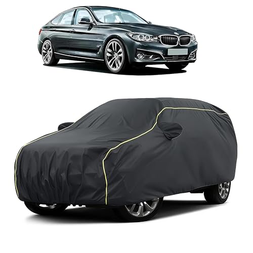 Image of Sulfar 100% Water Resistant Car Body Cover Compatible with Mirror for BMW 3 Series GT (Triple Stitched, Full Bottom Elastic, Dark Grey Taffeta with Yellow Piping)