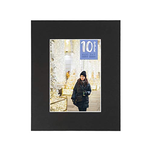 Golden State Art, Pack of 10 Black 8x10 Slip-in Pre-Adhesive Photo Mat for 5x7 Picture with Backing Board pre-Assembled, Includes Clear Bags