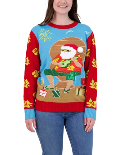 Holiday Hype Men's Festive Ugly Christmas Holiday Party Pull Over Sweater, Ukelele Beach Santa , X-Large #TOP1