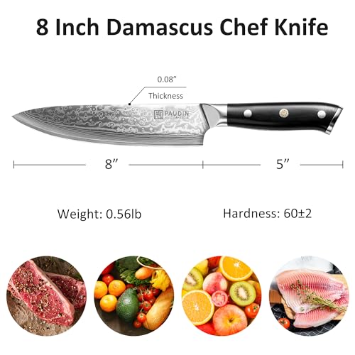Image of PAUDIN Chef Knife 8 Inch, 67-Layer Japanese VG10 Steel Core Damascus Kitchen Knife, Razor Sharp Japanese Chef Knife with Ergonomic G10 Handle for Home, Restaurant
