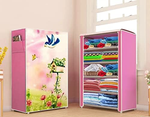 Image of CMerchants Plastic Multipurpose Collapsible Tree House Wardrobe Organizer With Non Woven Dustproof Zip Cover For Clothes (5 Shelve,) (Pink)