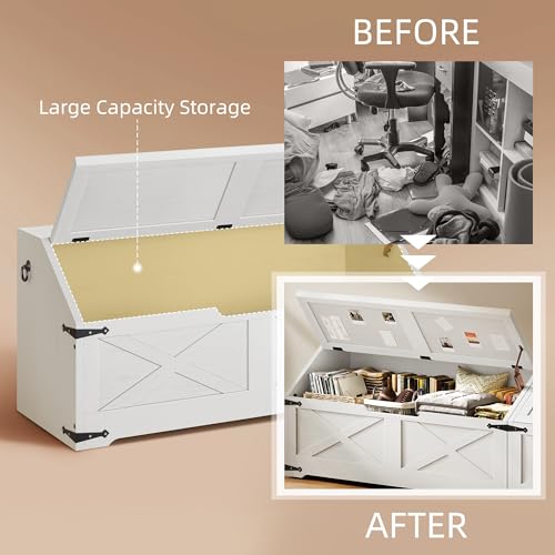 DWVO Storage Bench, Wood Storage Chest with 4 Wheels, 39.4'' Retro Shoe Bench with Safety Hinge, Sloped Design, Utility Organizer for Entryway, Bedroom, Living Room, White