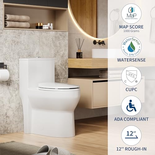 Inodoro de una pieza GarveeTech, descarga dual 0.8/1.28 GPF con asiento de cierre suave para baño, altura ADA de confort de 17 pulgadas, entrada de 12 pulgadas, tazón redondo blanco miniatura 6