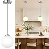 2 Pack 22'-50' Height Adjustable Glass Pendant Lights Kitchen Island, Globe Brushed Nickel Pendant Lights with Milk Glass Shade, Mid Century Pendant Light Fixtures Kitchen Pendant Lighting over Island