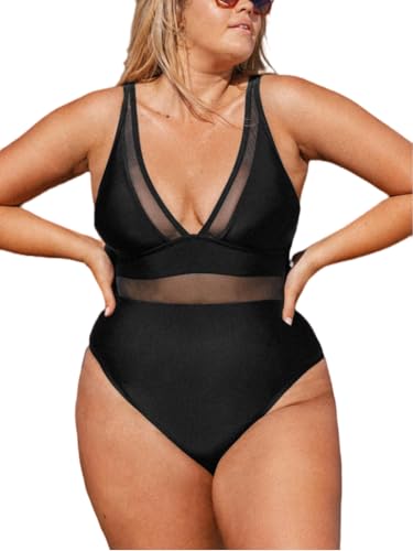 CUPSHE Mujer Tallas Grandes Traje de Baño Profundo Cuello en V Sheer Mesh Una Pieza Más Tamaño Traje de Baño Traje de Baño, Negro , XXXLarge
