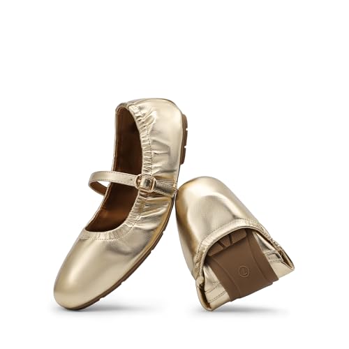 DREAM PAIRS Women's Ballet Flats Foldable Square Toe Mary Jane Flats Comfortable Slip On Dress Shoes Business Casual Work Mary Jane Shoes 6 Gold