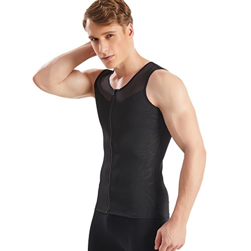 Hanerdun- Mens Slimming Body Shaper Shirt With Zipper Abs Abdomen Slim,Black,Large