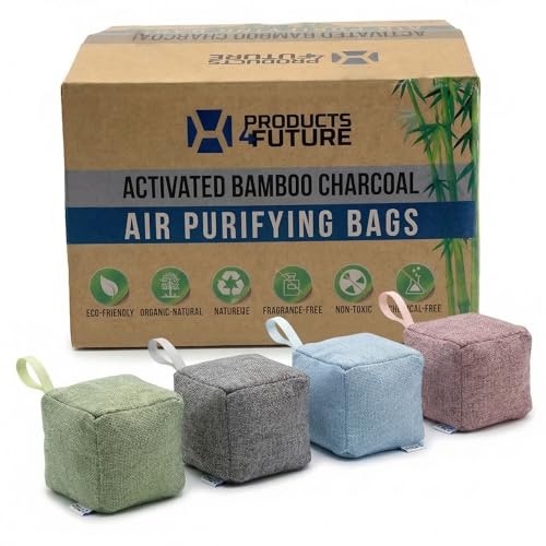 Image of 4 pack Naturally Activated Bamboo Charcoal Air Purifying Bags | Natural Home Deodorizer Bag | Charcoal Bag Odor Absorber For Pets | Odor Eliminator & Moisture Absorber Air Freshener Bag (100g Cube)