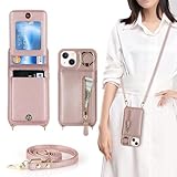 Zouzt for iPhone 13 Mini Case with Cord and Card Holde, Zipper Wallet Case with Crossbody Lanyard Ring Adjustable Necklace Protective Cover Women for iPhone 13 Mini 5.4 Inch - Rose Gold