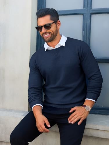 Image of Runcati Mens Crewneck Sweaters Casual Knit Lightweight Dress Sweater Long Sleeve Slim Fit Fall Winter Pullover
