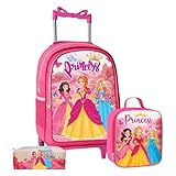 Kit Mochila de Rodinha Escolar Feminina Infantil Menina + Lancheira + Estojo Grande Princesa