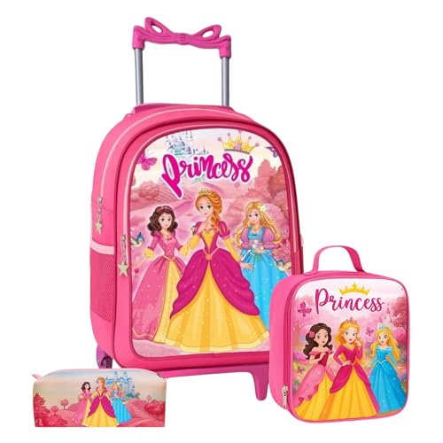 Kit Mochila de Rodinha Escolar Feminina Infantil Menina + Lancheira + Estojo Grande Princesa
