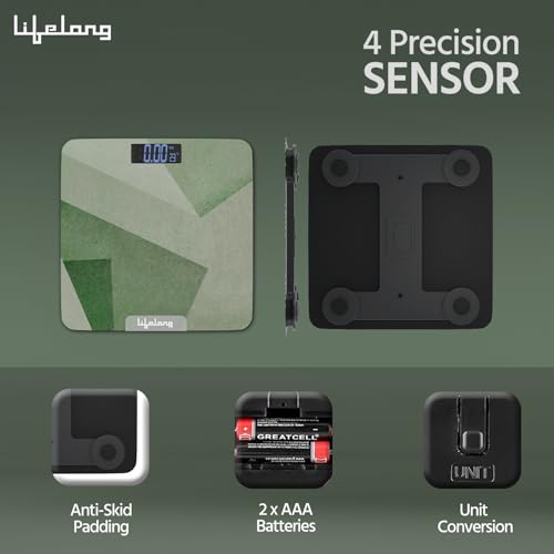 Image of Lifelong Weighing Machine with Backlit LCD Panel |Digital Weight Machine for Body Weight|Thick Tempered Glass with LCD Display|Bathroom Weighing Scale (Olive Green)