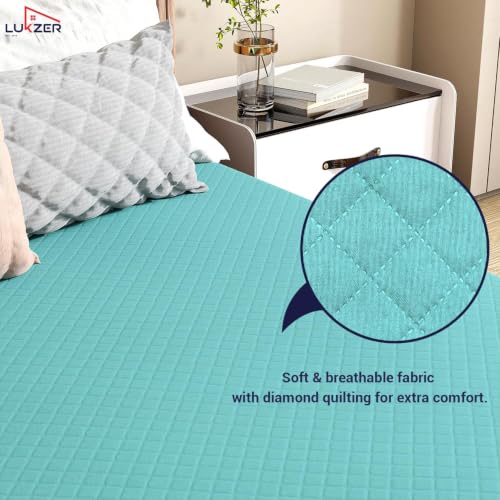 Image of Lukzer 100% Waterproof Quilted Mattress Protector Sky Blue Double Bed 72 x 48 Inches (6 x 4 ft) Cotton-Feel Bed Protector Noiseless Hypoallergenic Breathable Elastic Fitted Mattress Cover /Bed Cover