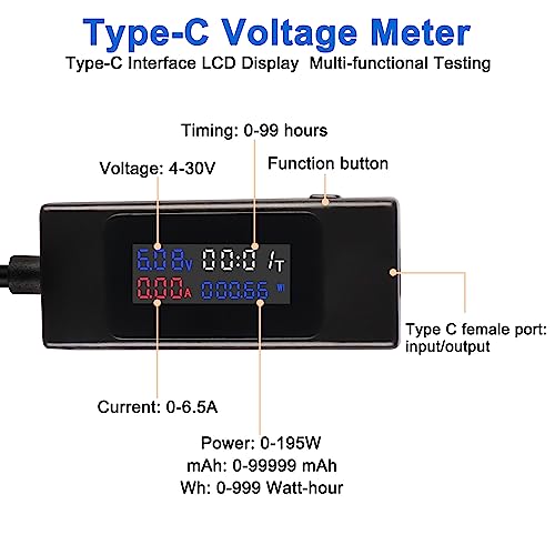 Image of XMSJSIY USB C Voltage Tester Meter Type C Voltage and Current Tester Meter, Power Bank Capacity 4-30V 0-6.5A 195W Digital Multimeter Type C USB Charger with Color LCD Display- 1Pcs