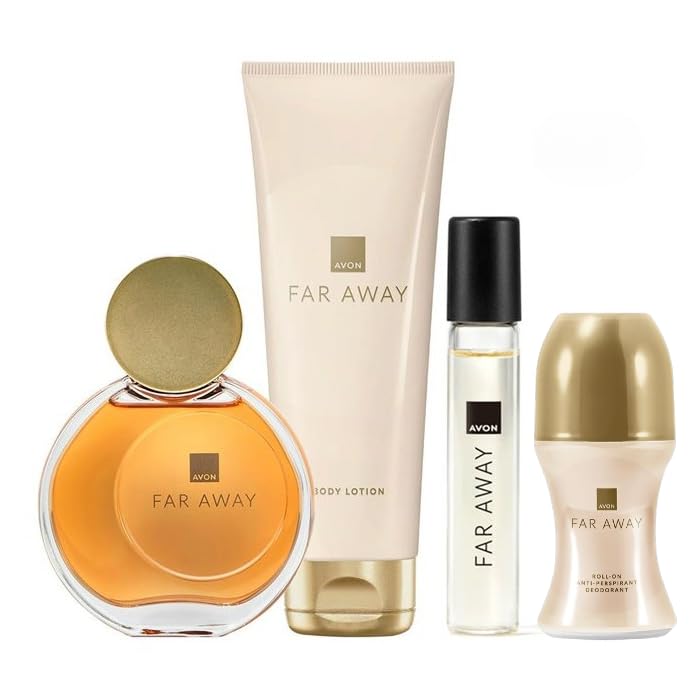 LOTE AVON FAR AWAY, Eau de Parfum 50 ml, Loción Corporal 125 ml, Desodorante Roll-On 50 ml, Spray de Bolso 10 ml, Set de 4 Piezas