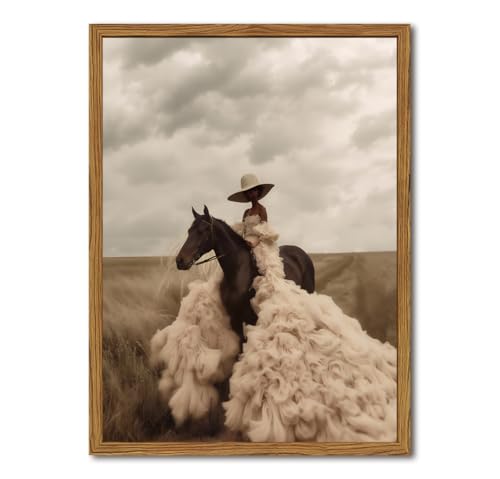 Western Cowgirl Riding Horse Wall Art Vintage Black Girl Rodeo Wall Decor Painting, African American Woman Southwest Poster Canvas Prints for Living Room Bedroom 16x24 inch Wood Framed