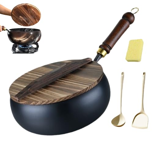 Padella in Ferro Cinese, Padella in Ferro Forgiato, 20/24/26/28/30 cm Pentola di Ferros non Rivestita Forgiata a Mano Coperchio in Legno, per Fornelli a Gas e Induzione (Coperchio in legno, 20cm)