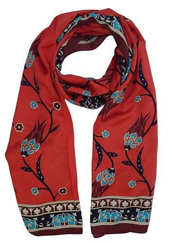 MutluHan Turkish Scarf - 100% Silk Tulip Design | Coral Red | Luxurious and Comfortable Women’s Scarf, Perfect for Gifts and Special Occasions, Suitable for Daily, Evening and Office Wear