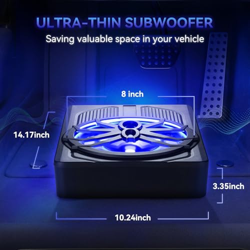 1000W Car Subwoofer, 10'' Slim Under Seat Powered Car Subwoofer w/Built-in Amplifier & Hi/Lo Input, Bass Speaker Subwoofer with Blue LED Light, Individual Control, for Car/Truck/SUV/Jeep/MPV - Image 6