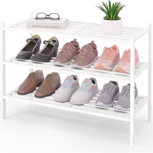 Image of Smiry Bamboo Shoe Rack, 5 Horizontal Slats, 3 Tier - 26.8 inch Wide, White