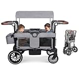 TODEFULL Foldable Wagon Stroller, All-Terrain Stroller Wagon for 2 Kids, Kids Wagon Cart Featuring with Harnesses, Adjustable Double Push Handle, Convert to Baby Bassinet, Large Storage Bag, Grey